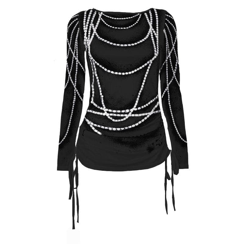 Dazzling Pearl Illusion Mesh Long Sleeve Top - Chic Drawstring Style for Fall & Holiday