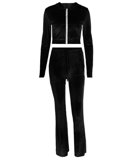 Luxe Fall Velvet Tracksuit Set for Women | Cropped Zip Hoodie & Straight Leg Pants