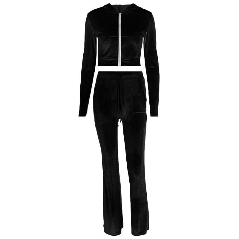 Luxe Fall Velvet Tracksuit Set for Women | Cropped Zip Hoodie & Straight Leg Pants