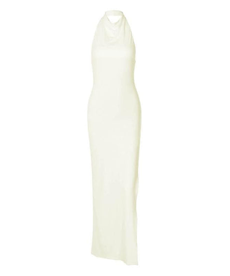 Effortless Glamour: White Halter Cowl Neck Maxi Dress for Holiday & NYE Parties