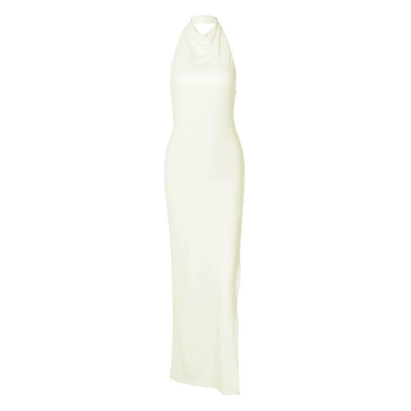 Effortless Glamour: White Halter Cowl Neck Maxi Dress for Holiday & NYE Parties