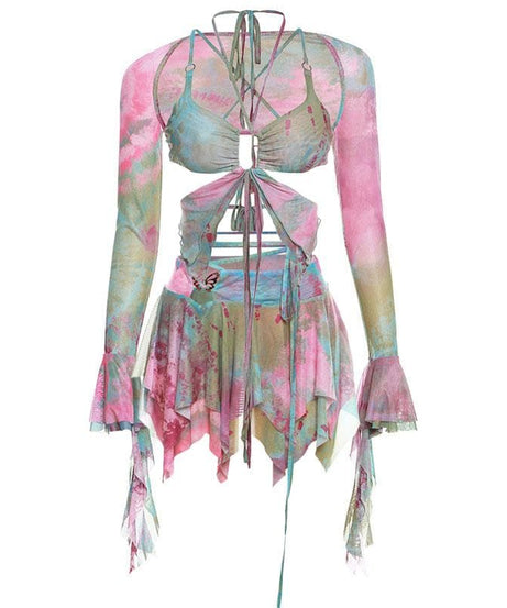 Enchanted Fairycore Tie-Dye Mini Skirt Set - Butterfly Halter Top & Flared Sleeves for Halloween & Rave Parties