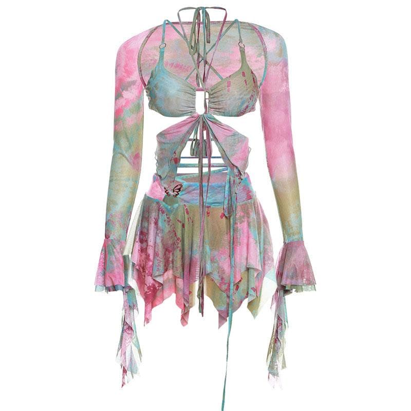 Enchanted Fairycore Tie-Dye Mini Skirt Set - Butterfly Halter Top & Flared Sleeves for Halloween & Rave Parties