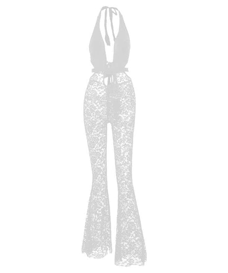 Sultry Black Lace Halter Jumpsuit with Deep V & Flared Legs | Perfect for Halloween & Fall Parties