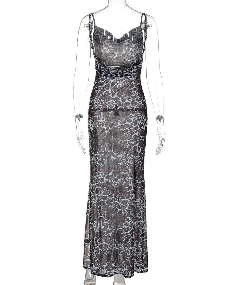 Slinky Leopard Print Cowl Neck Maxi Dress with High Slit - Fall & Holiday Glam