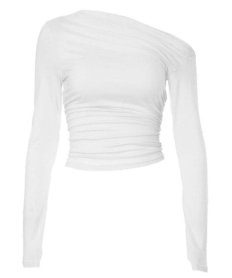 Chic Fall Nights: Asymmetrical Ruched Off-Shoulder Top – Your Essential Black Long Sleeve