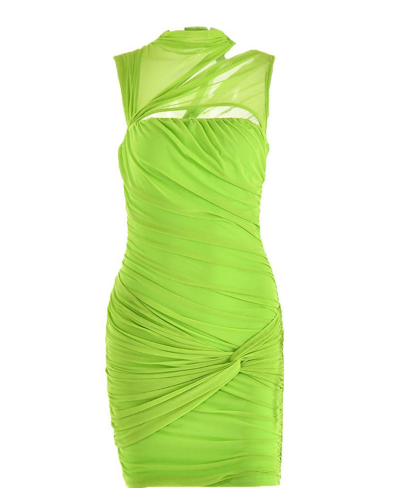 Electric Lime Ruched Mini Dress | Mesh Cutout Bodycon for Fall Parties