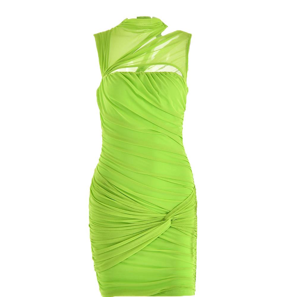 Electric Lime Ruched Mini Dress | Mesh Cutout Bodycon for Fall Parties