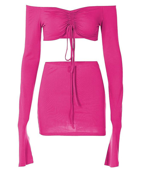 Fall Night Out Ready: Chic Off-Shoulder Cut-Out Mini Skirt Set with Drawstring Detail