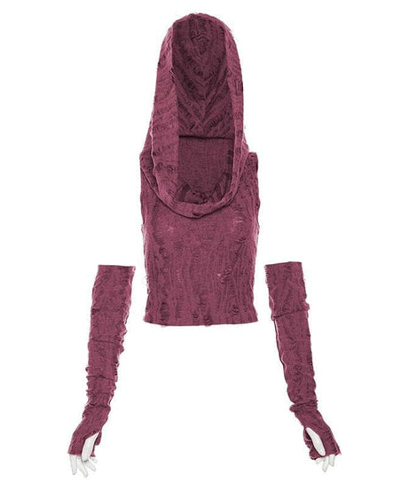 Edgy Distressed Hooded Crop Top & Arm Warmer Set - Grunge Y2K Fall Fashion