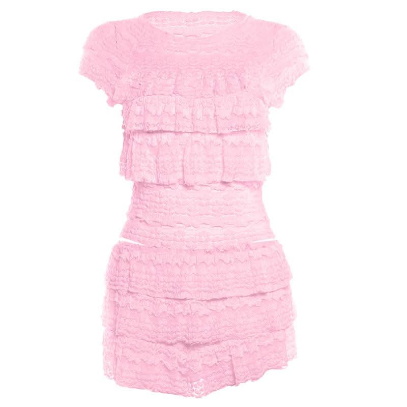 Dreamy Tiered Ruffle Lace Knit Shorts Set - Cozy Resort & Lounge Wear for Women