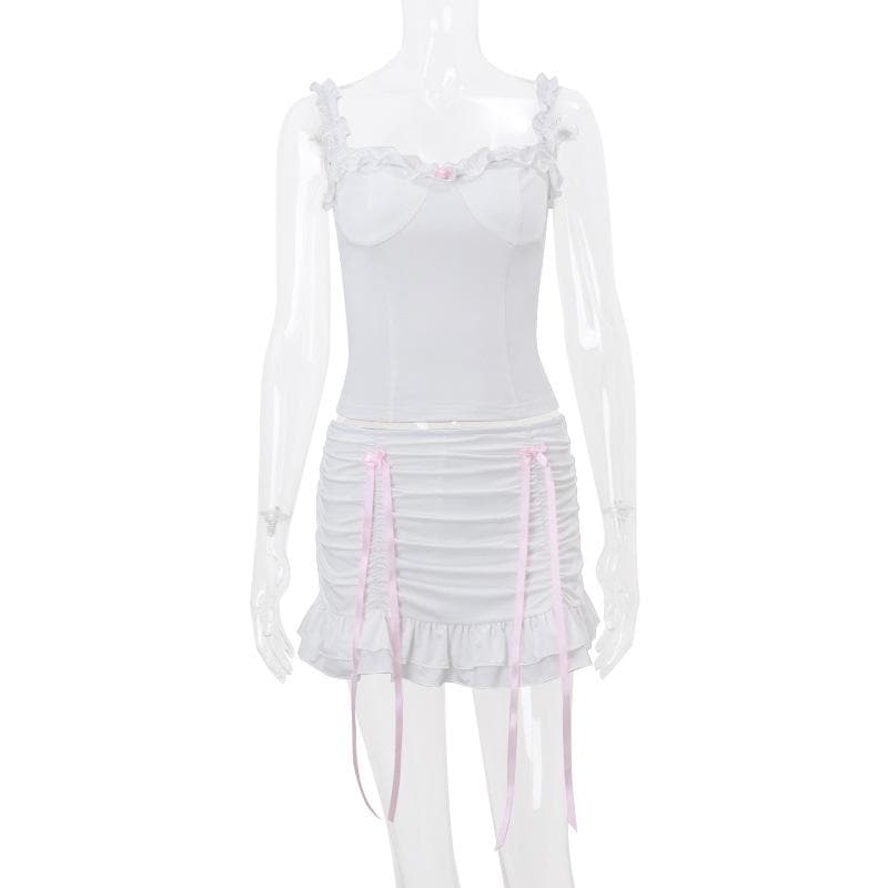 Flirty Coquette White Ruffle Cami & Pink Ribbon Ruched Mini Skirt Set