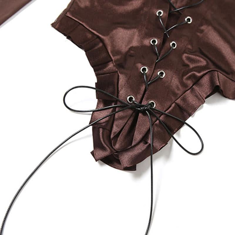 Autumn Allure: Espresso Mesh Corset Top - Edgy Lace-Up Long Sleeve for Fall Nights
