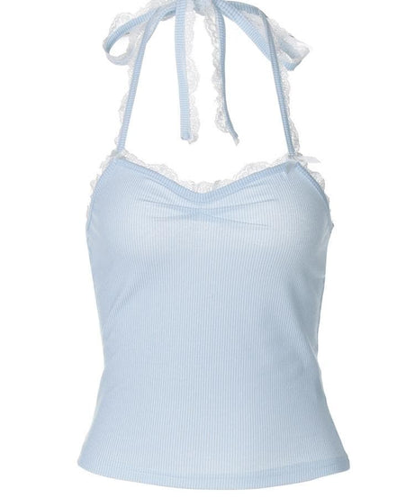 Sky Blue Ribbed Halter Top | Sweet Lace Trim & Adjustable Tie-Neck for Women