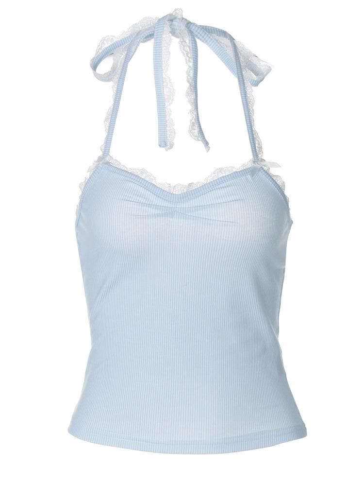 Sky Blue Ribbed Halter Top | Sweet Lace Trim & Adjustable Tie-Neck for Women