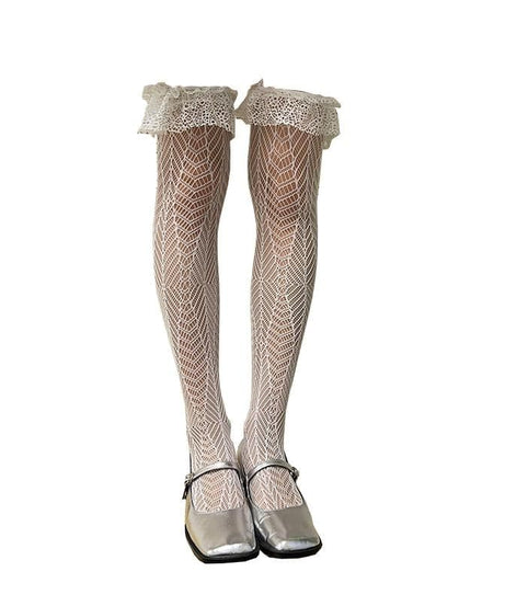 Chic Black Lace Ruffle Thigh High Stockings - Perfect for Fall, Halloween & Holiday Glam