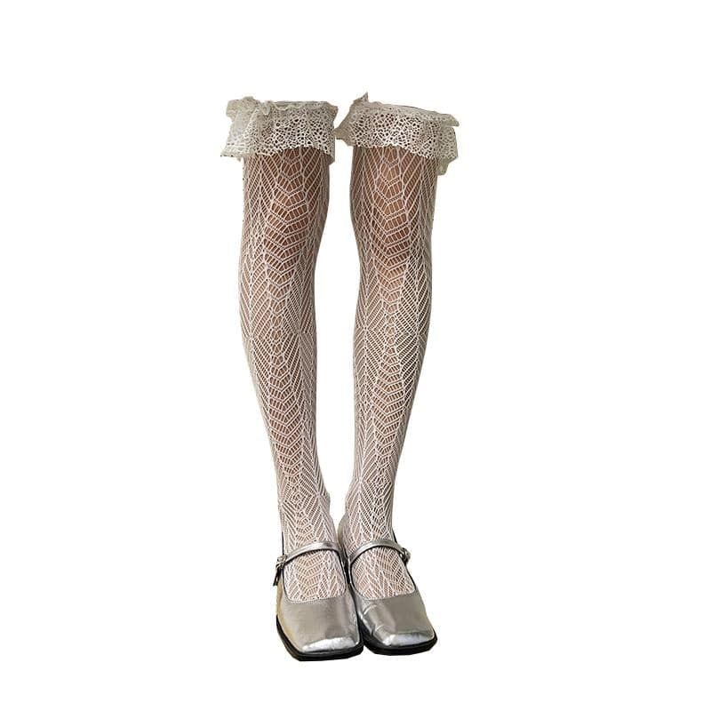 Chic Black Lace Ruffle Thigh High Stockings - Perfect for Fall, Halloween & Holiday Glam