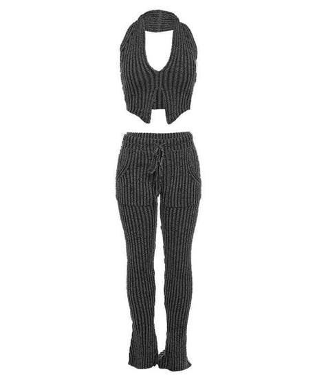 Effortless Chic Striped Knit Halter Top & Lounge Pants Set - Fall Comfort Must-Have