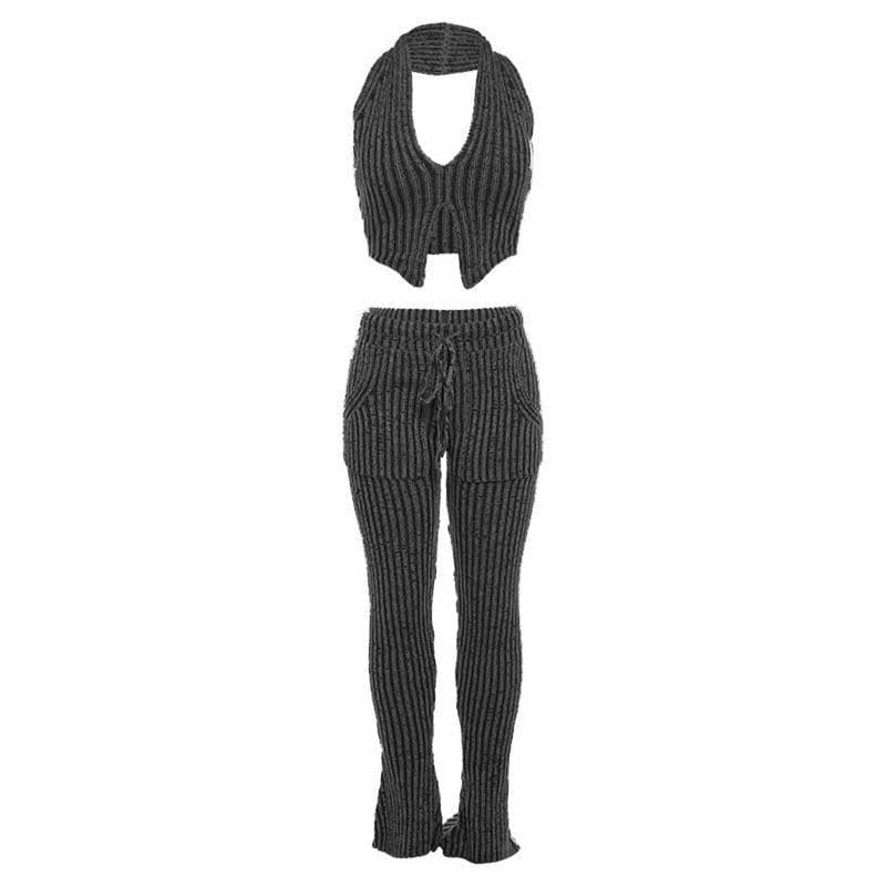 Effortless Chic Striped Knit Halter Top & Lounge Pants Set - Fall Comfort Must-Have
