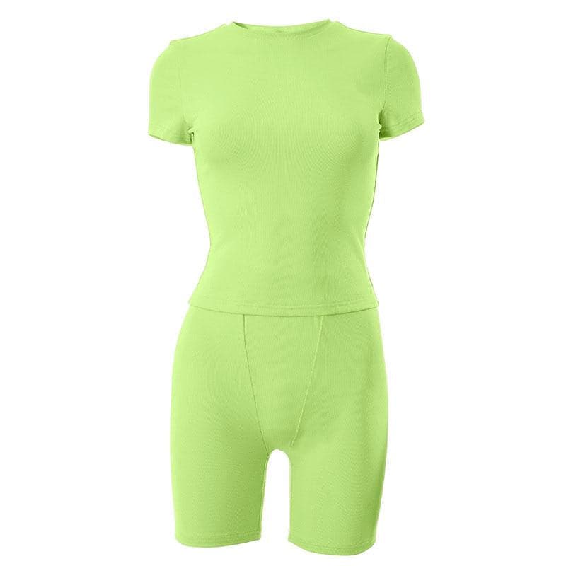 Cozy Fall Vibes: Women's Ribbed Knit Short Sleeve Top & Biker Shorts Set | Nude Athleisure Lounge Wear