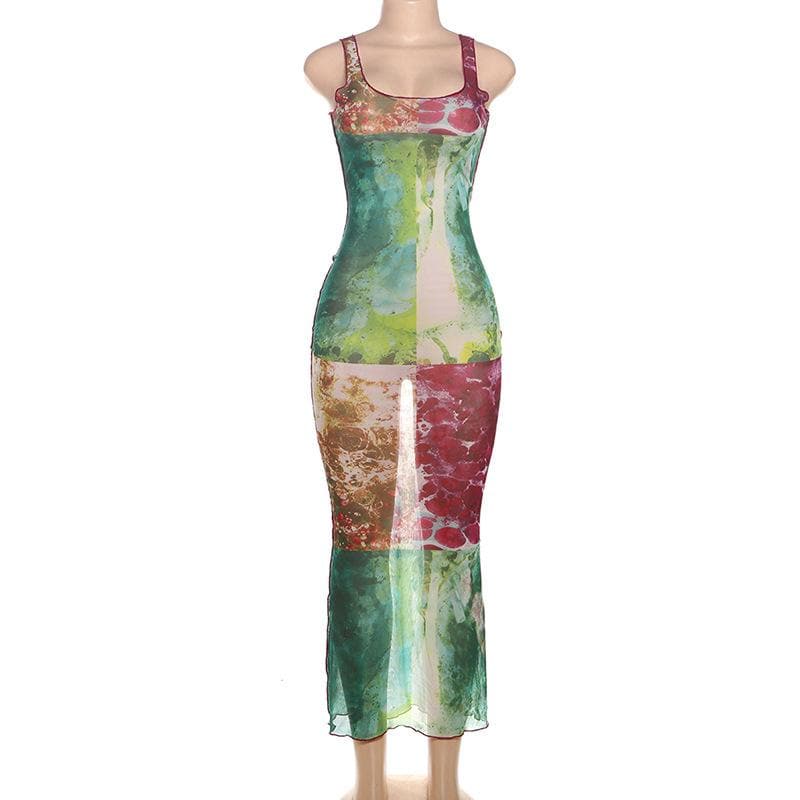 Vibrant Abstract Print Mesh Maxi Dress - Your Chic Fall & Holiday Statement