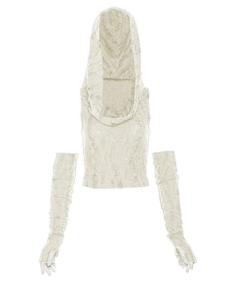 Edgy Distressed Hooded Crop Top & Arm Warmer Set - Grunge Y2K Fall Fashion