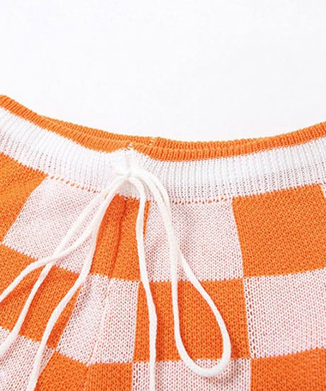 Fall Vibes Retro Orange & White Checkerboard Knit Crop Top & Drawstring Shorts Set