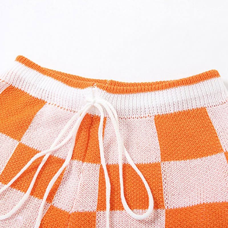 Fall Vibes Retro Orange & White Checkerboard Knit Crop Top & Drawstring Shorts Set