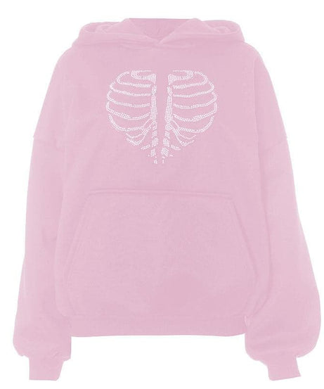Spooky Chic Rhinestone Rib Cage Heart Hoodie - Cozy Oversized Fall & Halloween Fashion