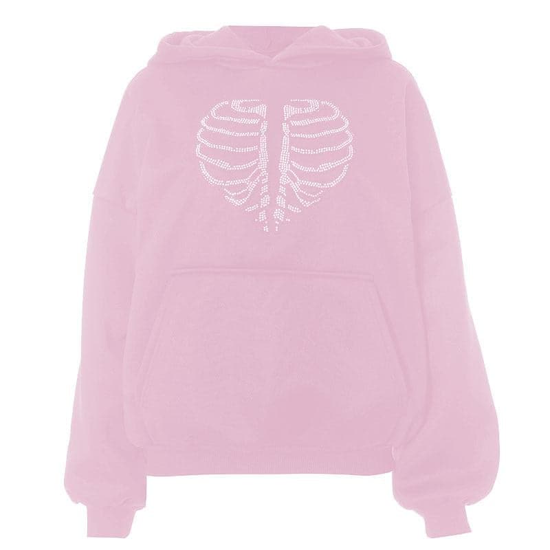 Spooky Chic Rhinestone Rib Cage Heart Hoodie - Cozy Oversized Fall & Halloween Fashion
