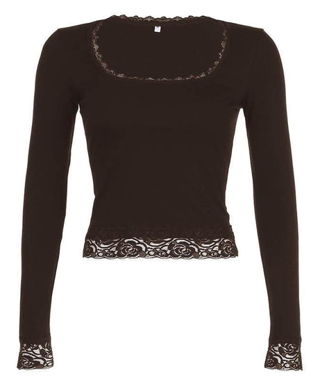 Fall Chic: Black Lace Trim Square Neck Long Sleeve Top | Versatile & Elegant Essential