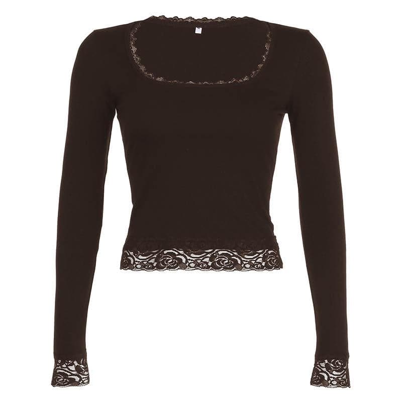 Fall Chic: Black Lace Trim Square Neck Long Sleeve Top | Versatile & Elegant Essential