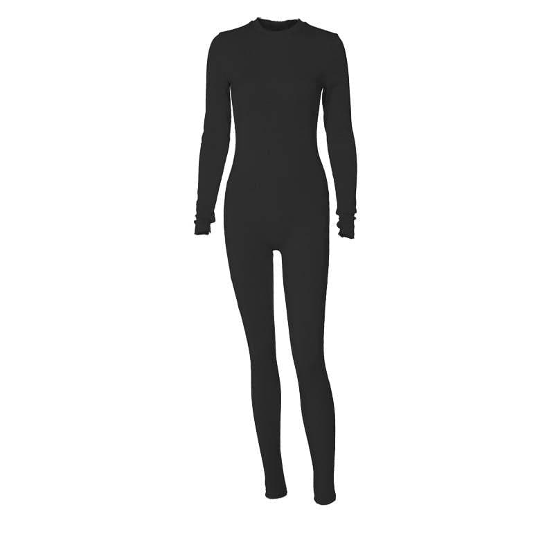 Cozy Chic Ribbed Mock Neck Jumpsuit - Women's Long Sleeve Zip-Up One-Piece for Effortless Fall Style