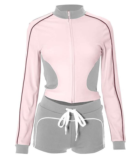 Chic Fall Athleisure Set: Women's Full-Zip Crop Jacket & Drawstring Shorts - Cozy Autumn Comfort