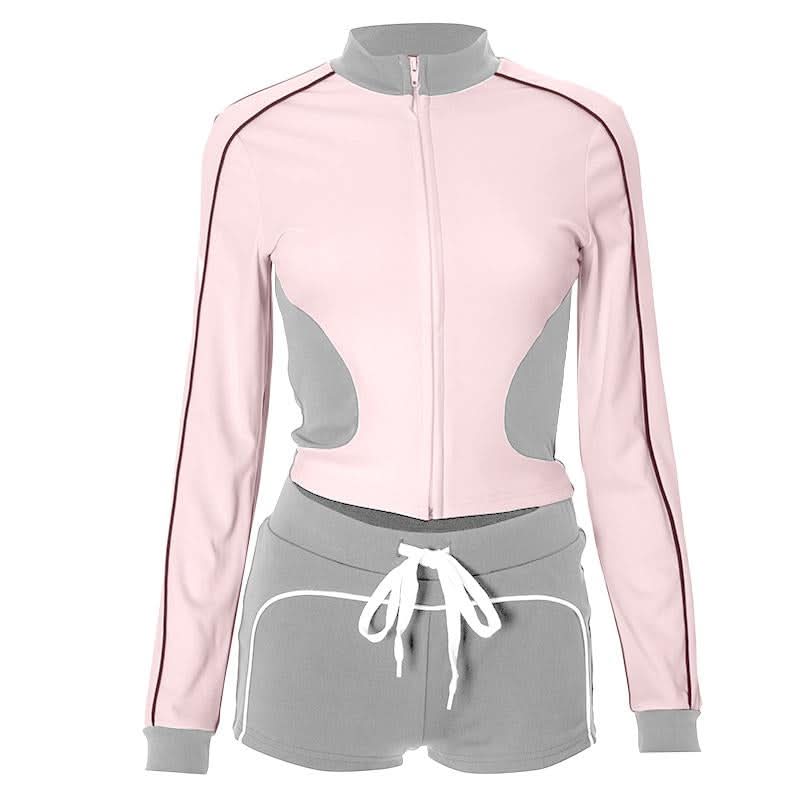 Chic Fall Athleisure Set: Women's Full-Zip Crop Jacket & Drawstring Shorts - Cozy Autumn Comfort