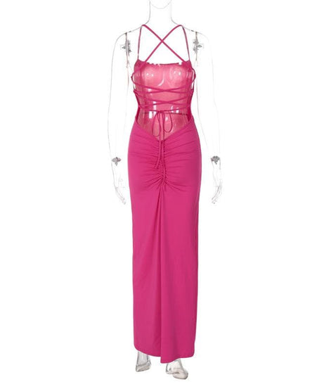 Glamorous Fuchsia Criss-Cross Back High Slit Maxi Dress - Holiday Party & Event Gown