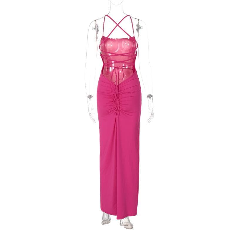 Glamorous Fuchsia Criss-Cross Back High Slit Maxi Dress - Holiday Party & Event Gown