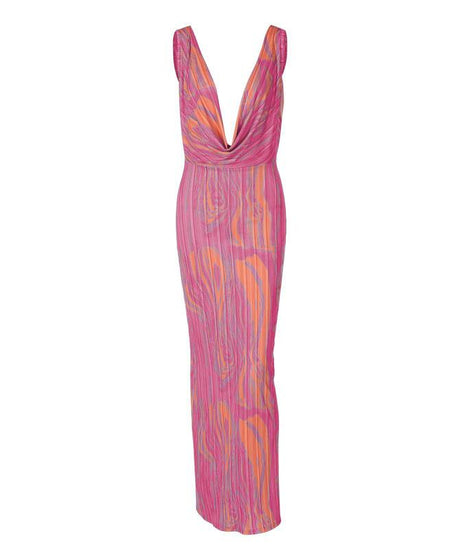 Vibrant Abstract Print Cowl Neck Maxi Dress - Backless Glam for Fall Events & Vacation Getaways