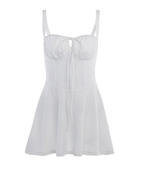 White Drawstring Ruched Bustier Mini Dress - Flirty Cami Cutout for Parties, Vacations & Halloween