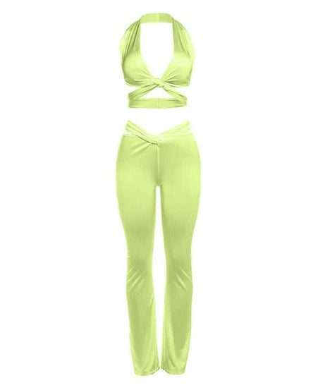 Chic White Twist Halter Crop Top & Flare Pant Set - Holiday Glam & Resort Ready