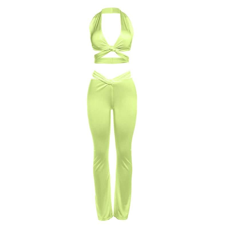 Chic White Twist Halter Crop Top & Flare Pant Set - Holiday Glam & Resort Ready