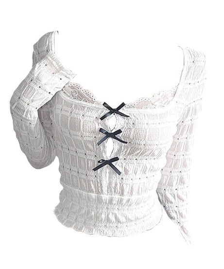 Edgy Fall Textured Crop Top | Square Neck Bow Cut-Out Long Sleeve