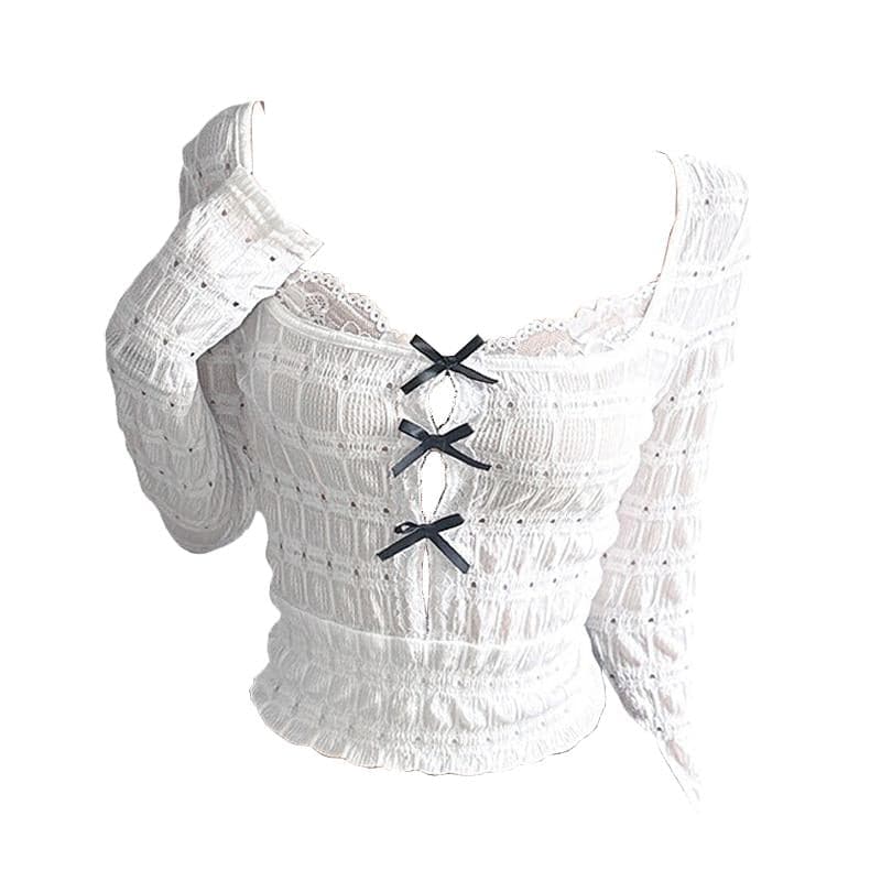 Edgy Fall Textured Crop Top | Square Neck Bow Cut-Out Long Sleeve