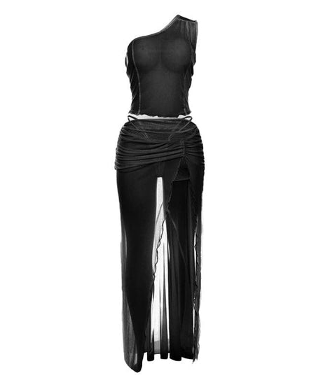 Sultry Siren Black Sheer Mesh One-Shoulder Top & High-Slit Maxi Skirt Set - Your Fall Escape & Party Essential