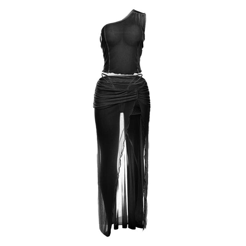 Sultry Siren Black Sheer Mesh One-Shoulder Top & High-Slit Maxi Skirt Set - Your Fall Escape & Party Essential