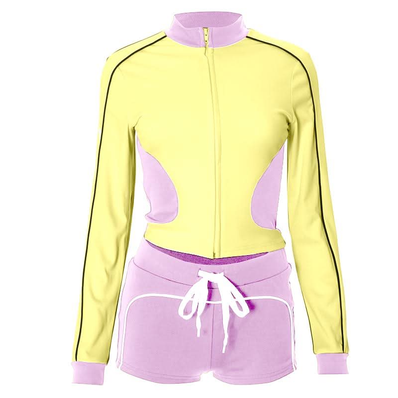 Chic Fall Athleisure Set: Women's Full-Zip Crop Jacket & Drawstring Shorts - Cozy Autumn Comfort