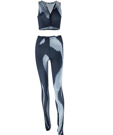 Fall Forward Abstract Swirl Print Athleisure Set - Zip Crop Top & High-Waist Leggings