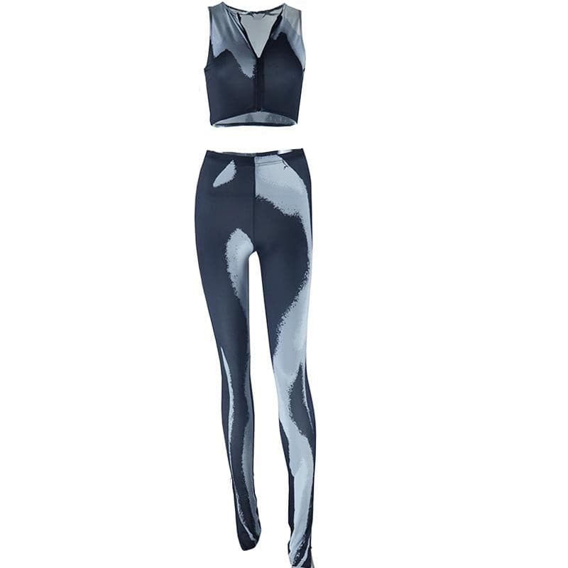 Fall Forward Abstract Swirl Print Athleisure Set - Zip Crop Top & High-Waist Leggings
