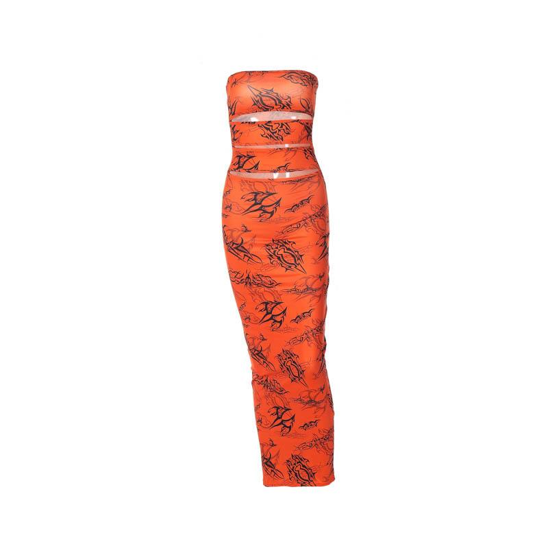 Y2K Tribal Tattoo Print Cut-Out Maxi Skirt & Tube Top Set - Edgy Fall Party & Halloween Glam