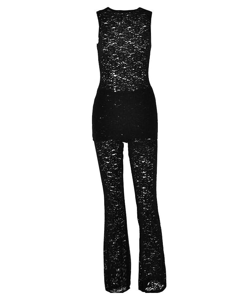 Effortless Elegance: Black Lace Sleeveless Top & Flared Pant Set for Fall & Holiday Glam
